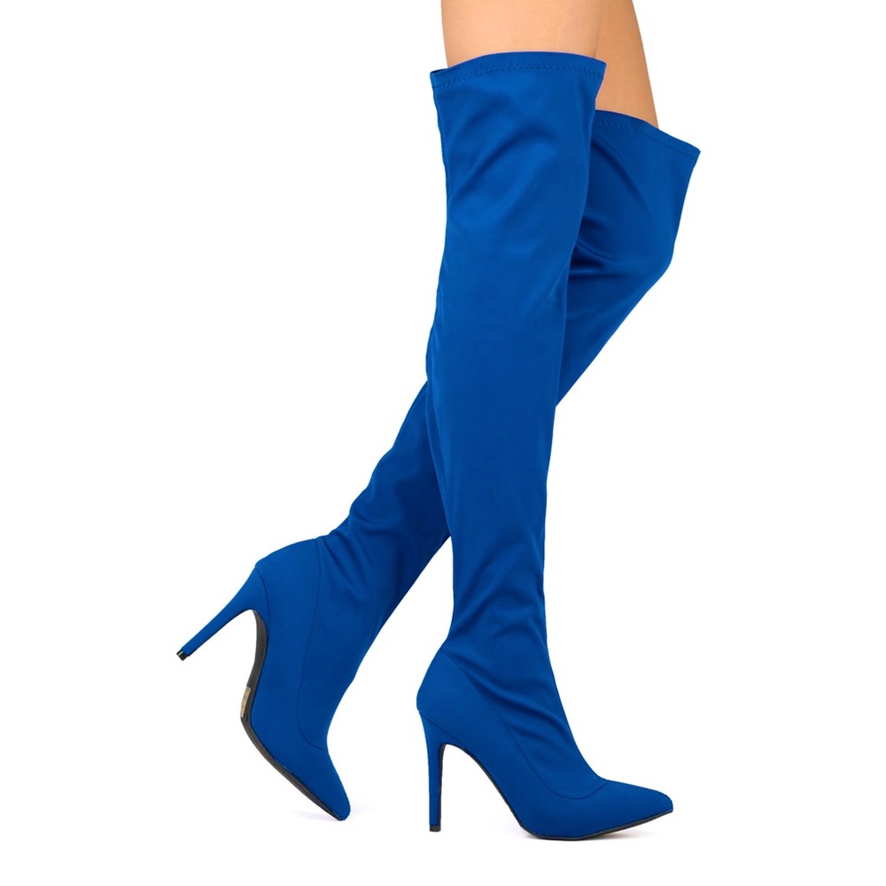 Wild Diva Stretchy Blue Pointy Toe Thigh High Boot
